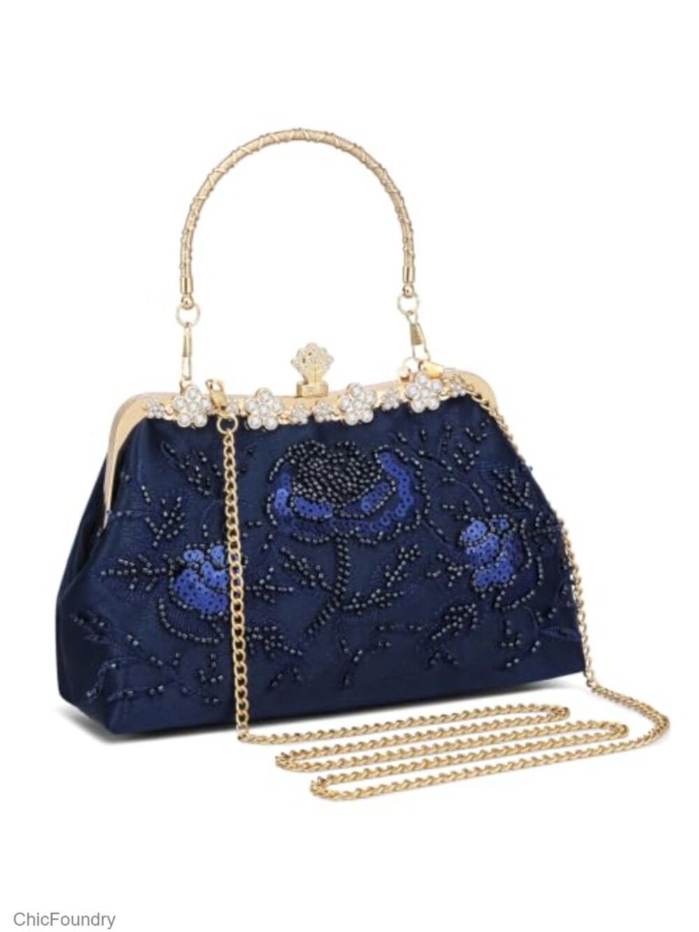 Beaded Sequin Rhinestone Clutch Evening Bag Wristlet Crossbody with Chain